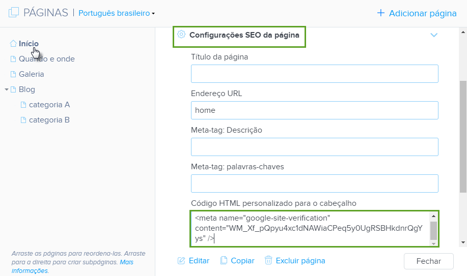 Conectar site Webnode com Google Search Console