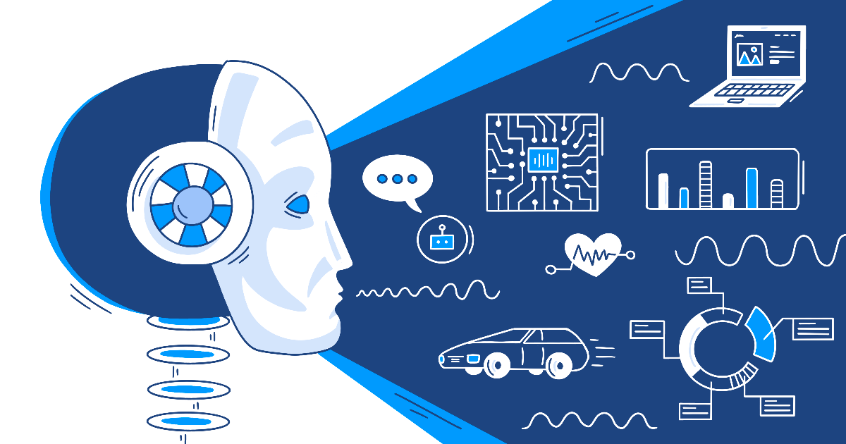 Graphic showing a head of a robot visualizing AI-driven technologies, like cars, computers, data analysis.