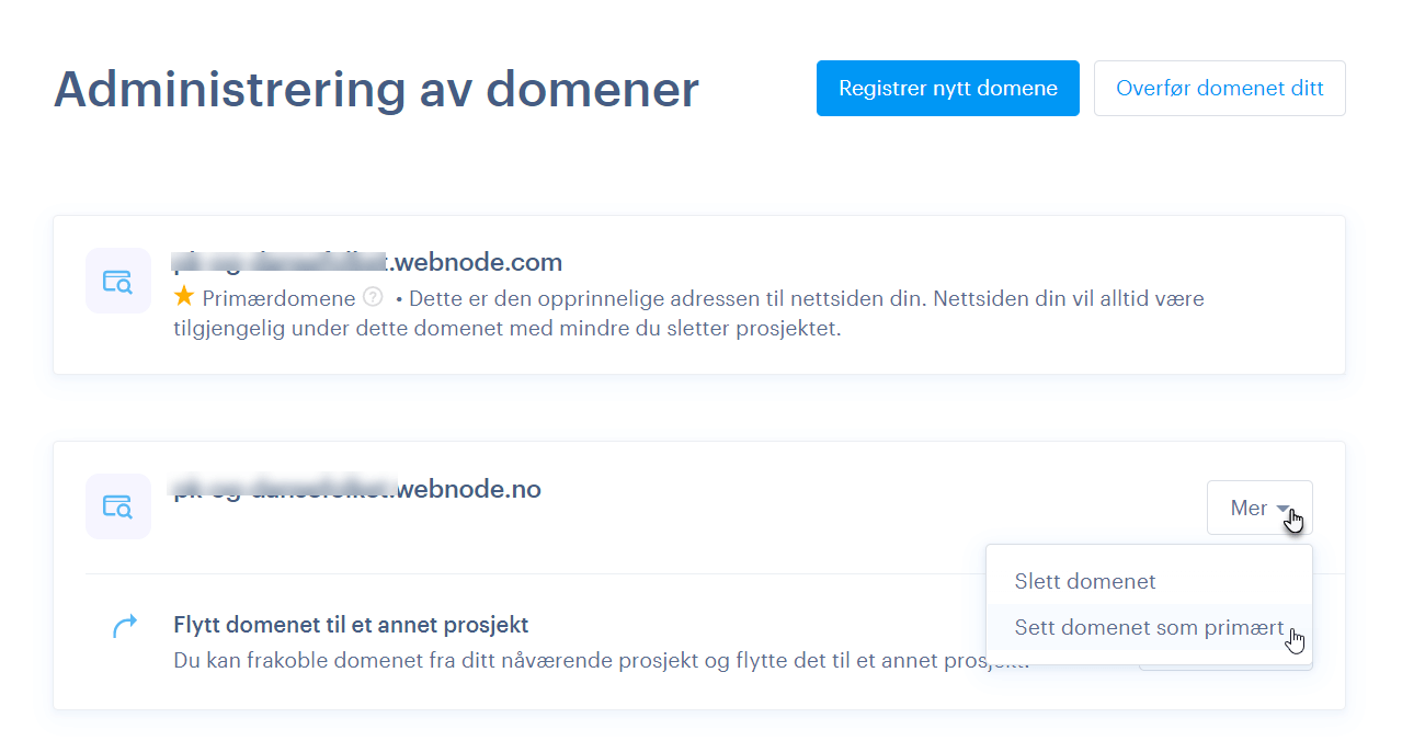 Sett domenet som primært