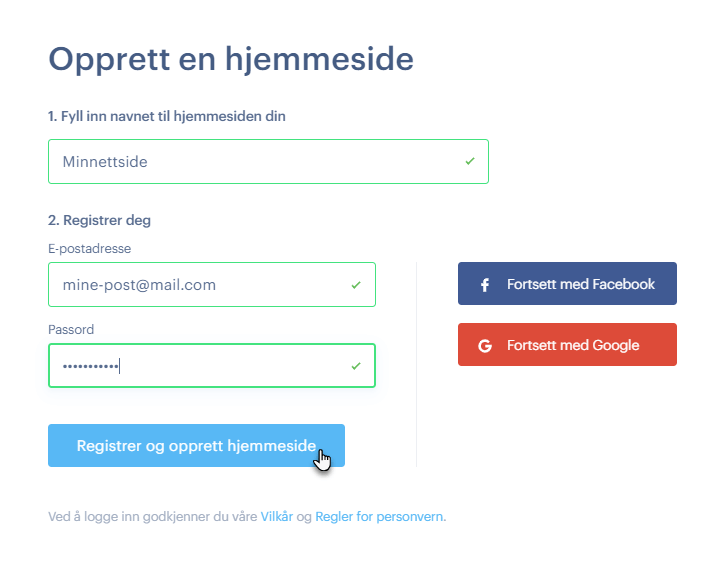 Registrer og opprett hjemmeside
