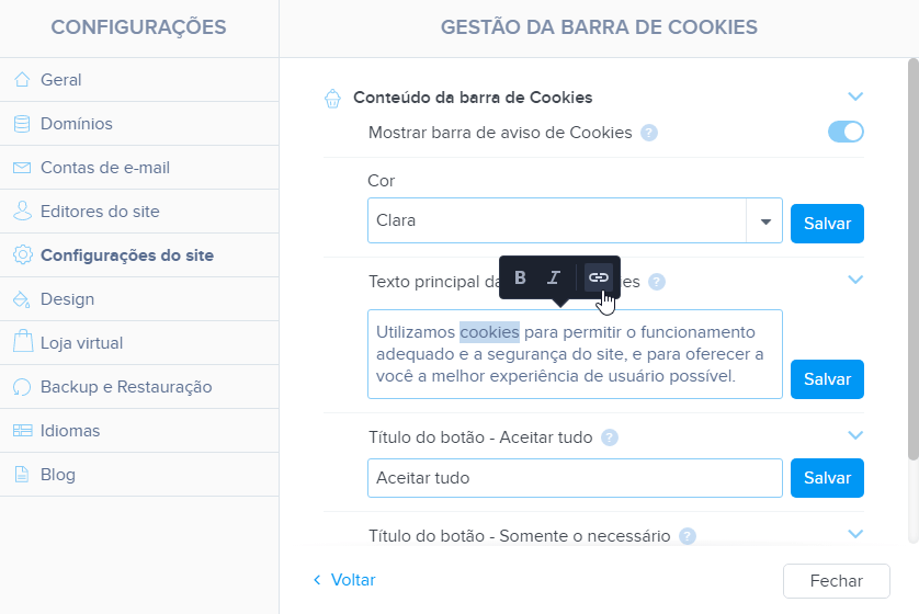 Inserir negrito, itálico ou link no texto da barra de cookies