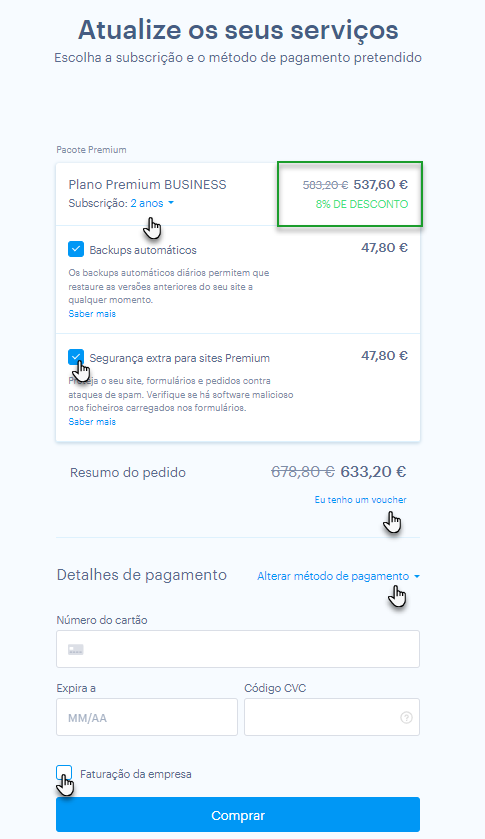 Checkout de pacote Premium / upgrade