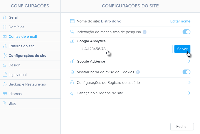 Inserir código de Analytics