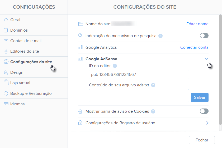 Clicar em Configurações do site / Google Adsense