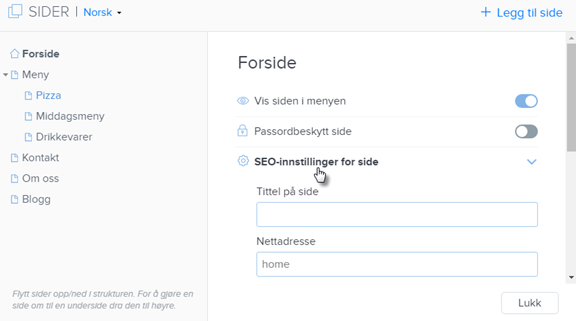 SEO-innstillinger for side