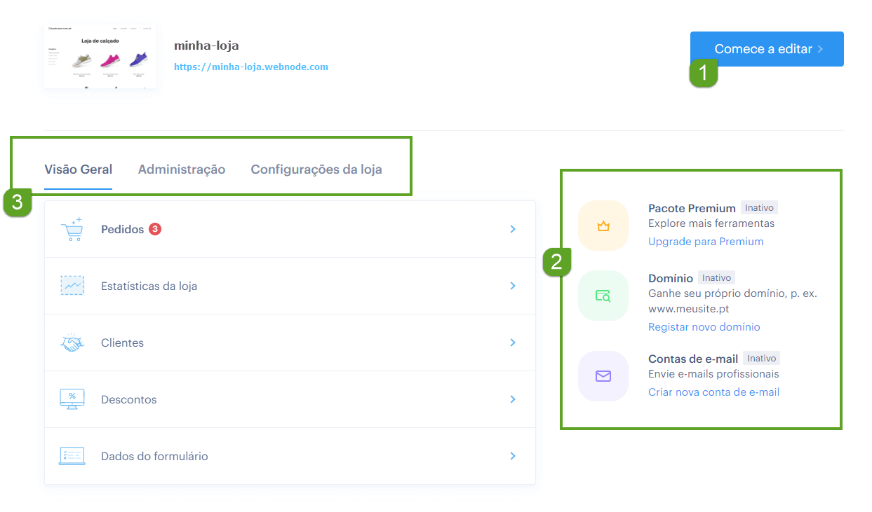 Painel de Gestão da loja Webnode