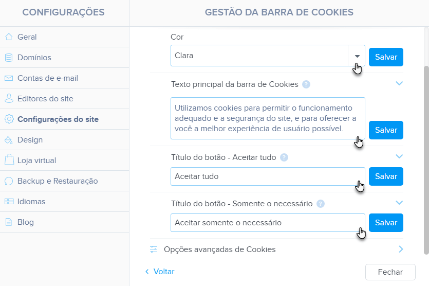 Mudar cor e textos da barra de cookies, clicar em Salvar