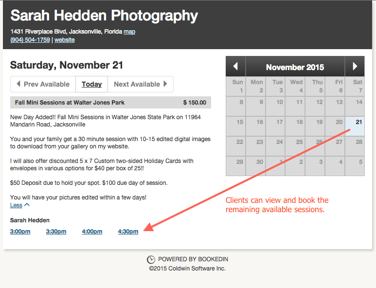 photo mini session appointment scheduling page