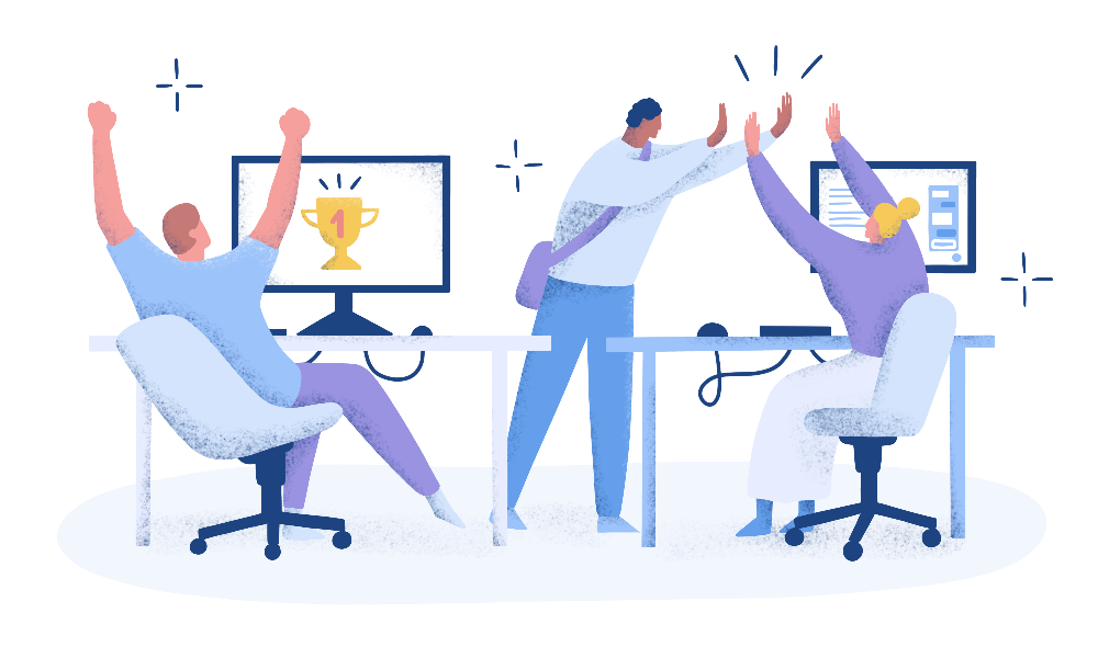 Graphic of workers sitting in the office at their desk cheering to each other and giving a high five.