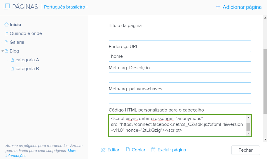 Adicionar widget de Facebook ao site Webnode