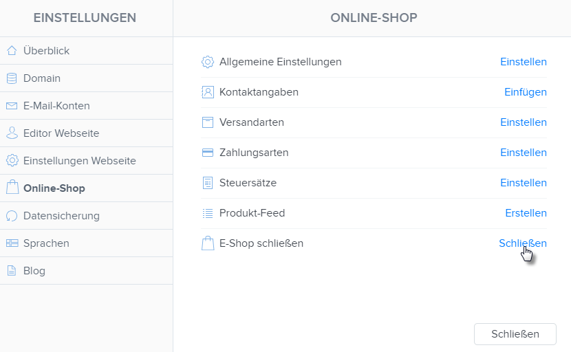 Online-Shop zur Webseite hinzufügen und entfernen