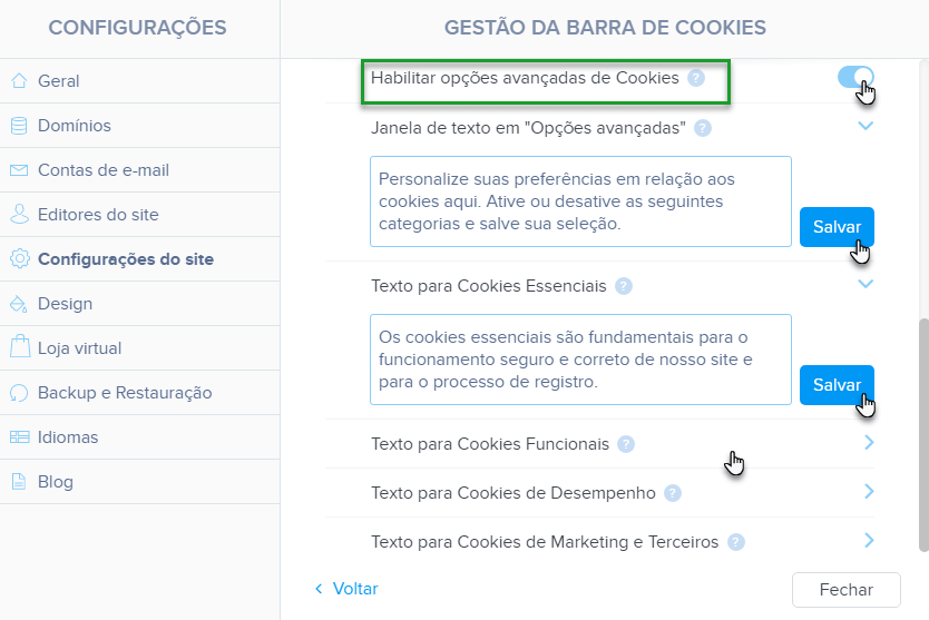 Clicar em Habilitar opções avançadas de cookies