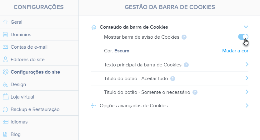 Clicar em Mostrar barra de aviso de cookies