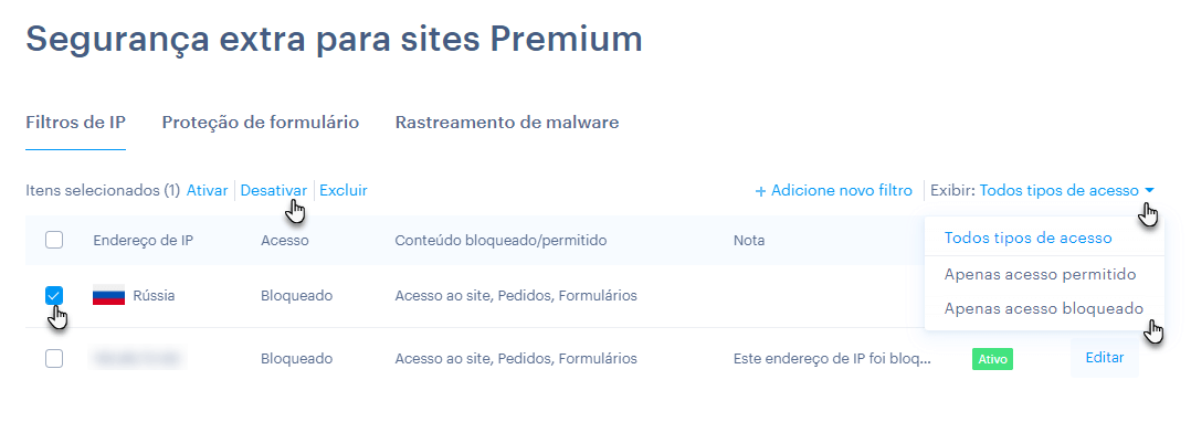 Filtros de endereços IP