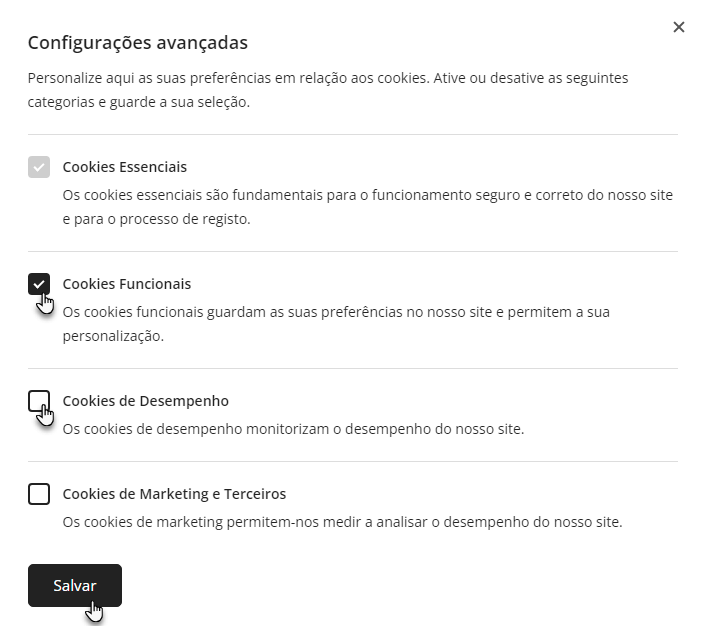 Opções avançadas da barra de aviso de cookies 