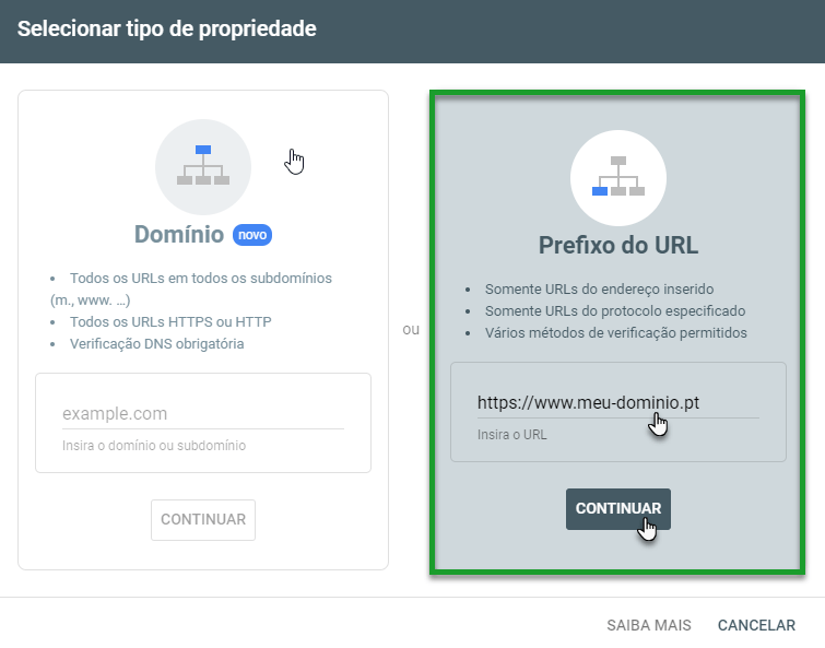 Adicionar propriedade na caixa Prefixo do URL