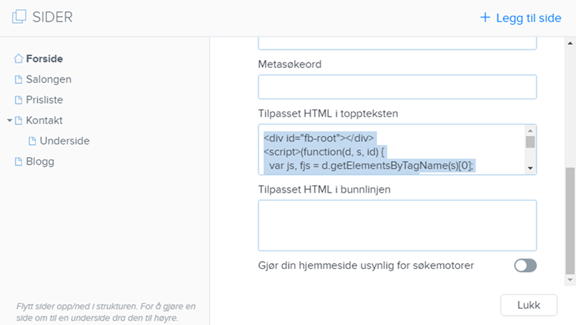 Tilpasset HTML i toppteksten